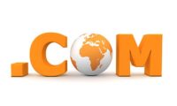 3D globe with word dot com in orange - front view